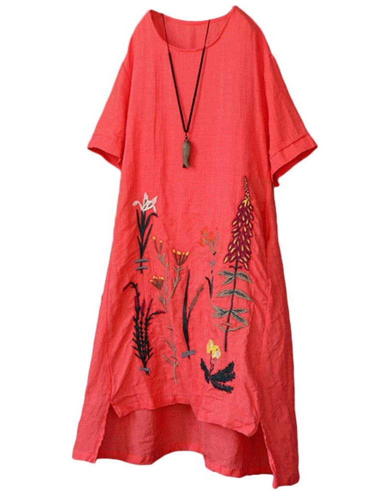 Minibee Women's Embroidered Linen Dress Summer A-Line Sundress Hi Low Tunic Clothing Red XL - Image 1